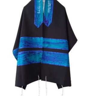 Photo of Turquoise and Blue Hand Painted Silk Stripes Black Tallit for Women