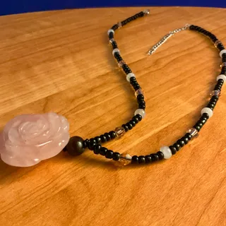 Photo of 17-20inch Rose Quartz Carved Rose Pendant Necklace featuring Preciosa Crystals & Semiprecious Stone