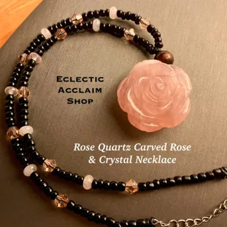 Photo of 17-20inch Rose Quartz Carved Rose Pendant Necklace featuring Preciosa Crystals & Semiprecious Stone