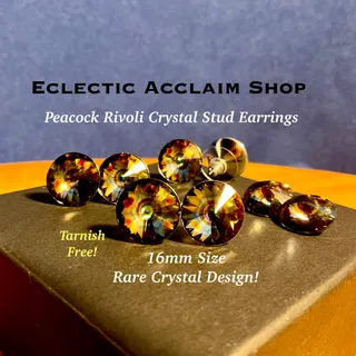 Photo of RARE,Peacock,Crystal stud earrings,handmade,stainless steel,tarnish free,high end crystal