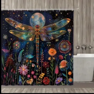 Photo of Boho Mystical Moon Phase Dragonfly Waterproof Shower Curtain w/ Vintage Floral