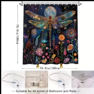 Photo of Boho Mystical Moon Phase Dragonfly Waterproof Shower Curtain w/ Vintage Floral