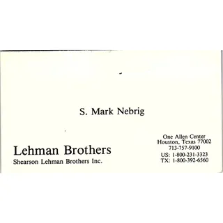 Photo of S. Mark Nebrig Lehman Brothers Houston Vintage Business Card SD9-B7