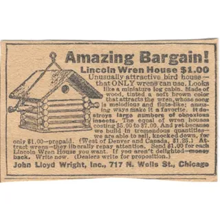 Photo of John Lloyd Wright Inc Chicago Log Wren Bird House 1923 Magazine Ad Clip AE1-7