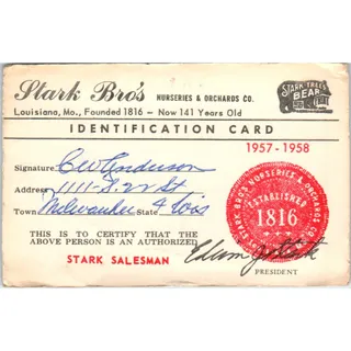 Photo of 1957 Stark Bros Nursery & Orchards Salesman Identification Card Louisiana MO SE5
