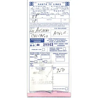 Photo of 1961 Santa Fe Lines Railroad Ticket Los Angeles to Chicago AK3-6