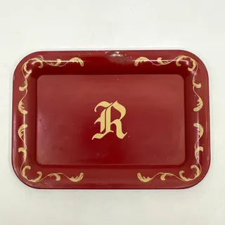 Photo of Vintage Small Tin Toleware Tray Monogrammed “R” Red ~6.5x4.5” TH2-4
