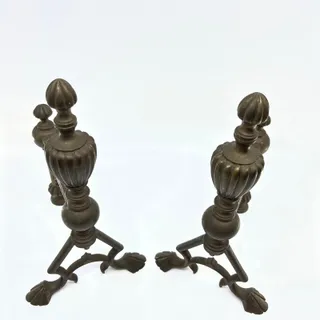 Photo of Antique 19th Century Victorian Brass Fire Dogs Andirons Reeded Finials Set TC7