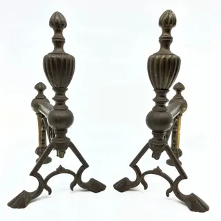 Photo of Antique 19th Century Victorian Brass Fire Dogs Andirons Reeded Finials Set TC7