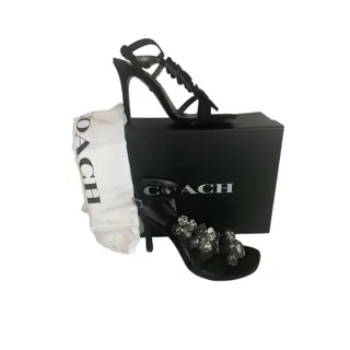 Photo of 7.5B Coach Bianca Sandal Leather Paillettes Heeled Sandals Black 4" Heel G3169