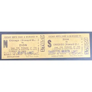 Photo of Chicago and North Shore & Milwaukee RY Ticket Zion to Howard St. #17659