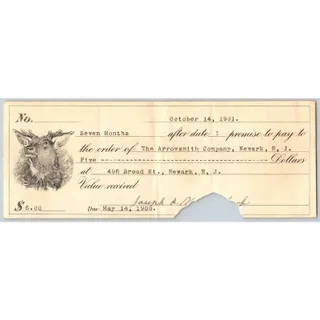 Photo of Arrowsmith Company Newark, NJ 1901 Promissory Note w/ Tear Cancel*