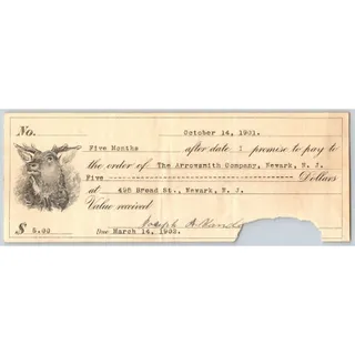 Photo of Arrowsmith Company Newark, NJ 1901 $5 Promissory Note - w/ Tear Cancel*