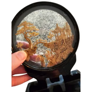 Photo of Vtg Round Japanese Hand Carved Cork Pagoda Cranes Lacquer 4" W x 5 1/2" H