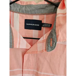 Photo of Calvin Klein Jeans Boys Sz L Short Sleeve Button Up Shirt Pink Striped