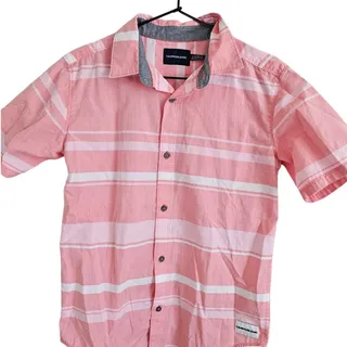 Photo of Calvin Klein Jeans Boys Sz L Short Sleeve Button Up Shirt Pink Striped