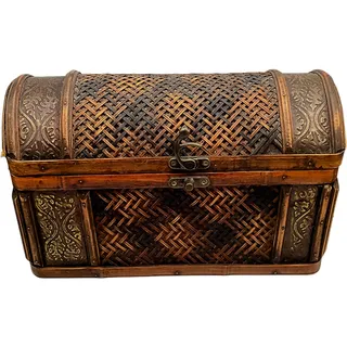 Photo of Vintage Wooden Brown Wicker Rattan Box Treasure Chest Trunk w/Clasp & Handles