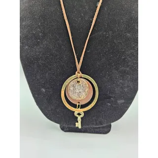 Photo of Vintage Steampunk Skeleton Key Pendant Necklace Leather Strap Brass Gold Tone