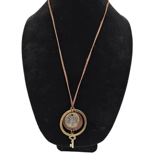 Photo of Vintage Steampunk Skeleton Key Pendant Necklace Leather Strap Brass Gold Tone