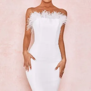 Photo of White Body Con Dress with Feathers