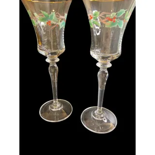 Photo of Vintage Mikasa Set of 2 Wine Glasses Holly Berry Ribbon Gold Trim