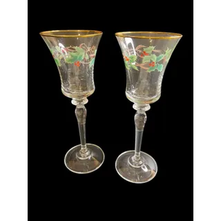 Photo of Vintage Mikasa Set of 2 Wine Glasses Holly Berry Ribbon Gold Trim