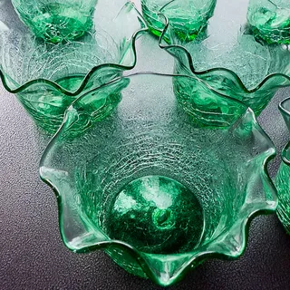 Photo of 8 Vintage Green Glass Handblown Crackle Finish Ruffled Rim Bowls 3" x 4.5"