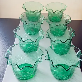 Photo of 8 Vintage Green Glass Handblown Crackle Finish Ruffled Rim Bowls 3" x 4.5"