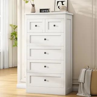 Photo of 6 Drawer Dresser, White Modern 43.3” Tall for Closet, Hallway, Living Room