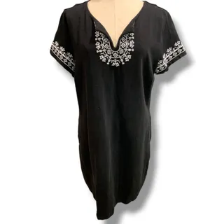 Photo of Size XL Talbots Black Shift Boho Tshirt Dress Embroidered Trim Nantucket Slub
