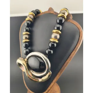 Photo of Vintage GLW Israeli 925 Sterling Modernist Onyx Necklace Brooch Earrings Set