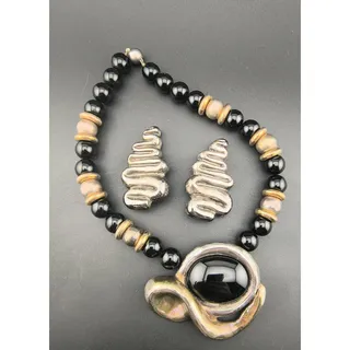 Photo of Vintage GLW Israeli 925 Sterling Modernist Onyx Necklace Brooch Earrings Set