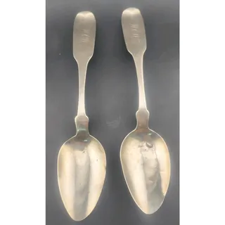 Photo of Antique Platt & Brother NY Coin Silver Tablespoons Pair 1850s Fiddle Pattern