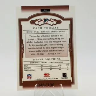 Photo of Zach Thomas #50 2004 Donruss Classics Dolphins Timeless Tributes Red /100