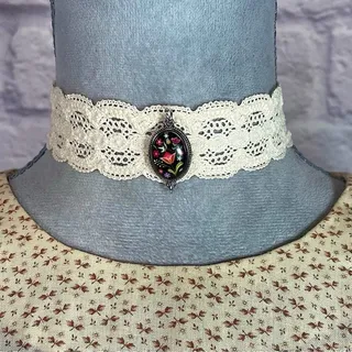 Photo of Handmade Victorian Style Crochet Lace Choker with Floral Cabochon Centerpiece