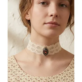 Photo of Handmade Victorian Style Crochet Lace Choker with Floral Cabochon Centerpiece