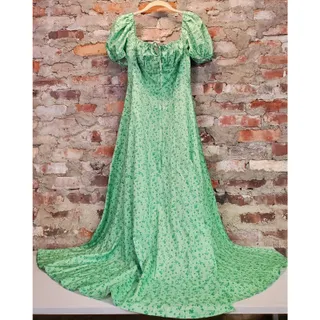 Photo of Womens Maxi Dress S Green Floral Puff Sleeve Square Neck Polyester NWT