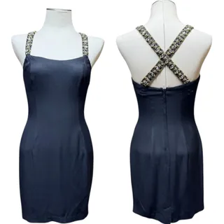 Photo of Jessica McClintock Gunne Sax Jeweled Criss Cross Mini Dress Black Gold Rhinestone 7/8