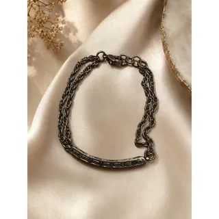 Photo of Vintage Gunmetal Crystal Bar Necklace Minimalist Layered Rhinestone Pendant