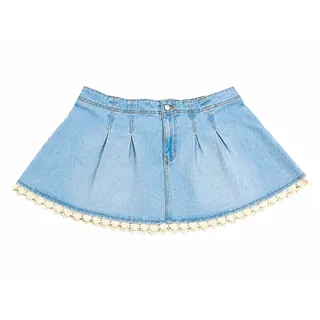 Photo of Celebrity Pink Blue Denim Pleated Mini Skirt Lace Trim Button Closure Size L