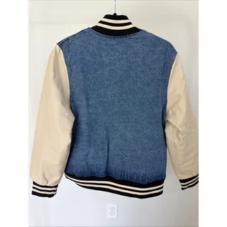 Photo of Edikted Womens S Denim Varsity Bomber Jacket Cream Sleeves Y2K Letterman