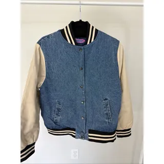 Photo of Edikted Womens S Denim Varsity Bomber Jacket Cream Sleeves Y2K Letterman