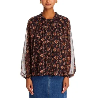 Photo of Koko + Mason Women Black Floral Lurex Semi-Sheer Button Front Boho Blouse Size M