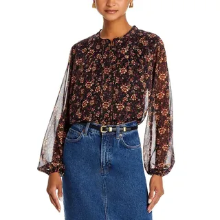Photo of Koko + Mason Women Black Floral Lurex Semi-Sheer Button Front Boho Blouse Size M