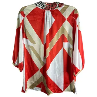 Photo of Black Label Chicos red white sequin geometric satin blouse long sleeves cutout 0