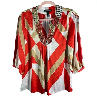 Photo of Black Label Chicos red white sequin geometric satin blouse long sleeves cutout 0