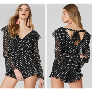 Photo of ENDLESS ROSE V-NECK POLKA DOT ROMPER RUFFLE FLOUNCE LONG SLEEVE TIE BACK S NWOT
