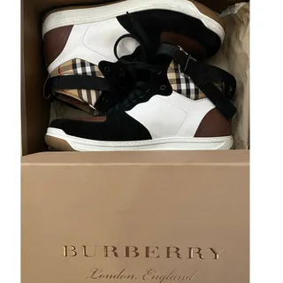 Photo of Burberry Optic White Camel Leather and Suede Dennis High Top Sneakers Men's US11