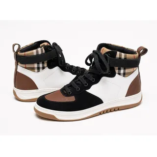 Photo of Burberry Optic White Camel Leather and Suede Dennis High Top Sneakers Men's US11