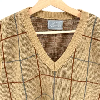 Photo of Vintage 80s Le Tigre Tan Plaid Prep V-Neck Sweater Vest